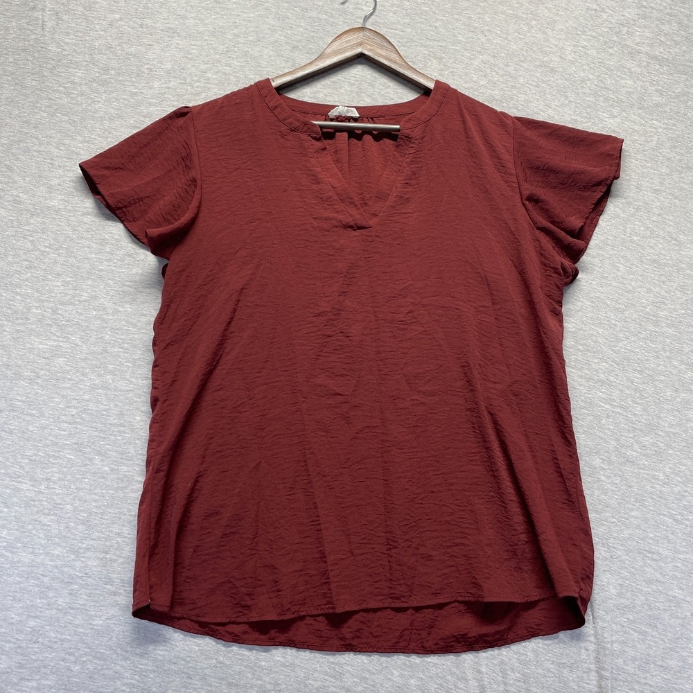 Maurices‎ Blouse Top Womens XL Maroon Flutter Sleeve Split Neck Pleated Casual